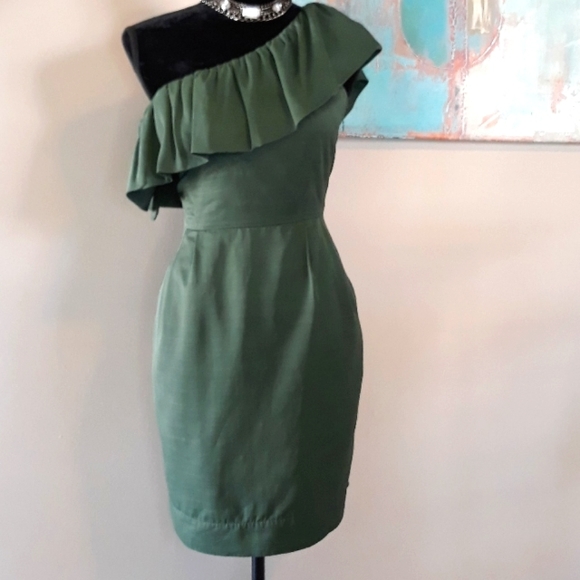 Fab'rik Olive Green Ruffled Off The Shoulder Dress - Picture 9 of 14